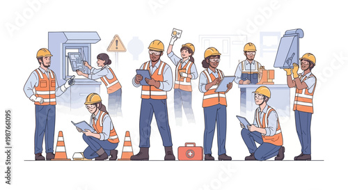 Vector illustration of diverse workers in safety vests and hard hats participating in a workplace accident prevention campaign on World Day for Safety and Health at Work, set