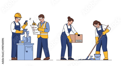Illustrated vector art promoting the World Day for Safety and Health at Work depicts diverse workers in various occupations performing tasks with safety gear in a clean, white work