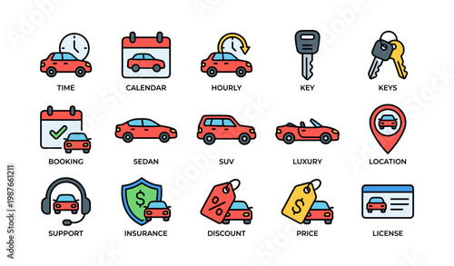 Car rental icons set featuring sedans, suvs, keys, and booking elements
