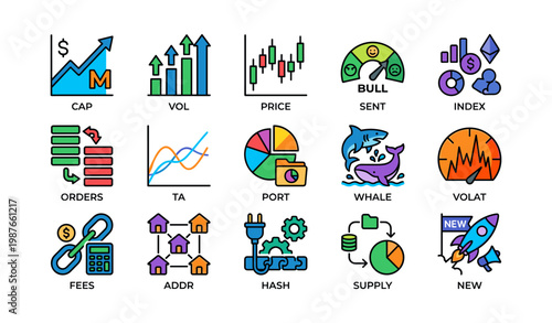Financial icons illustrating market trends with graphs and symbols