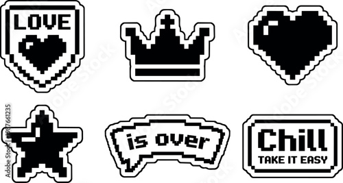 Pixel art love heart crown star chill phrase black and white vector icons