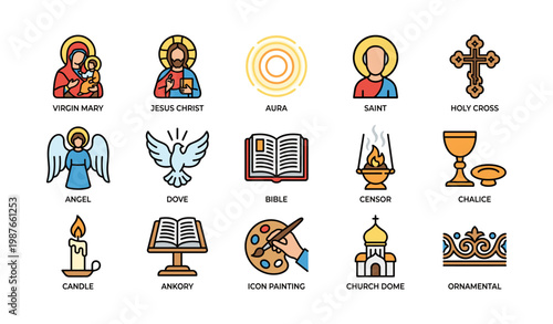 Religious symbols icons: virgin mary, jesus, aura, saint, holy cross, angel, dove, bible, censer, chalice
