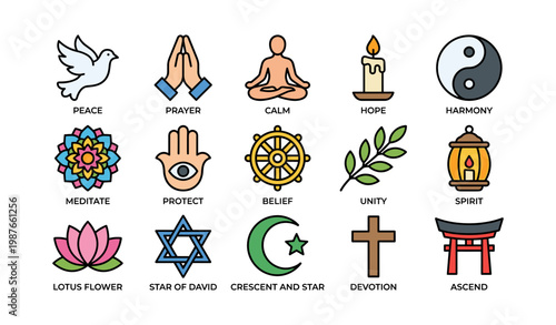 Symbols of peace prayer calm hope harmony meditate protect belief unity spirit diverse faiths