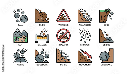 Rockfall hazard icons: warning signs and natural debris movements