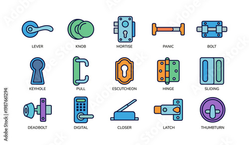 Colorful icons of door hardware including lever, knob, mortise, panic bar, bolt, and more