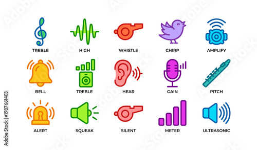 Colorful audio icons including treble, whistle, chirp, bell, ear, and microphone