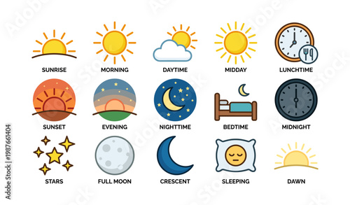 Daytime and nighttime symbols including sun, moon, stars, and clocks