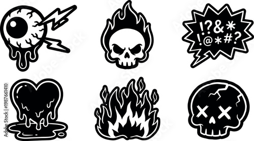 Black and white burning skull flaming eye with lightning and cracked skull icons