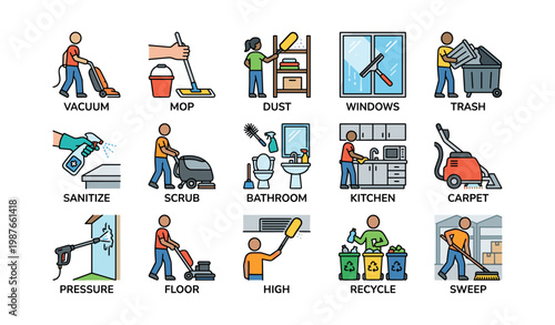 Illustrated guide to household chores and cleaning tools