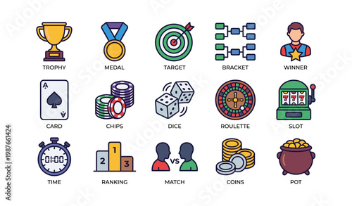 Colorful icons of trophies, medals, games, and rewards for competitions