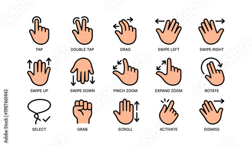 Gesture icons set: swipe, zoom, tap, scroll, rotate