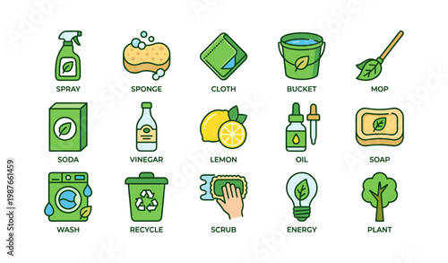 Cleaning tools and green solutions: sponge, bucket, vinegar, lemon, eco-friendly choices