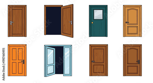 Collection of colorful wooden doors in various styles and states
