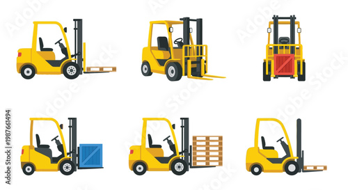 Cartoon illustration of yellow forklifts in various operational positions