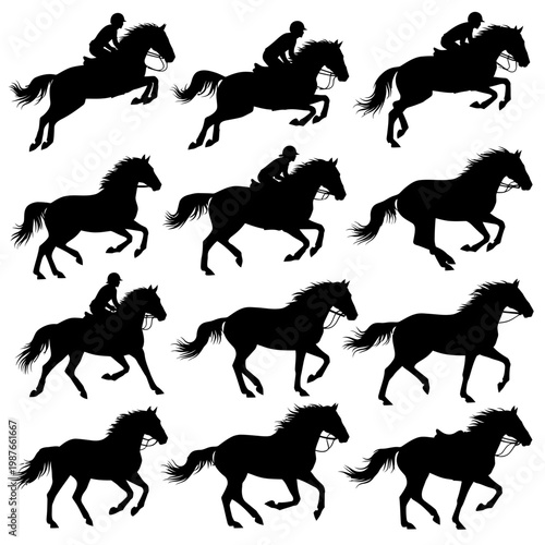 Equestrian Silhouettes: Horseback Riding and Jumping Poses Collection