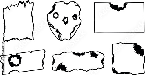 Torn and ripped paper pieces with holes