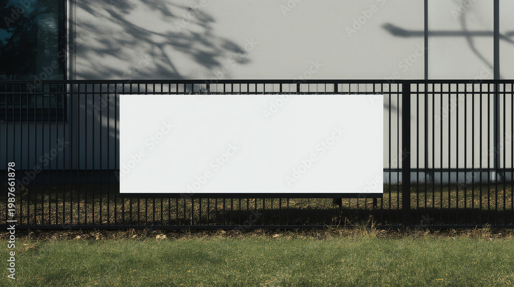 Obraz premium Blank white banner for advertisement on the fence. Residential area on a sunny summer day.