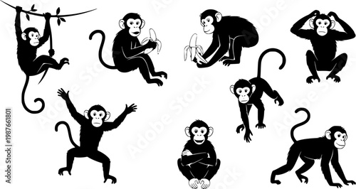 Collection of seven black silhouette monkey icons in various playful poses, isolated on a white background.
