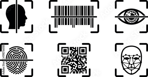 Black biometric security icons with fingerprint face scan barcode and eye code