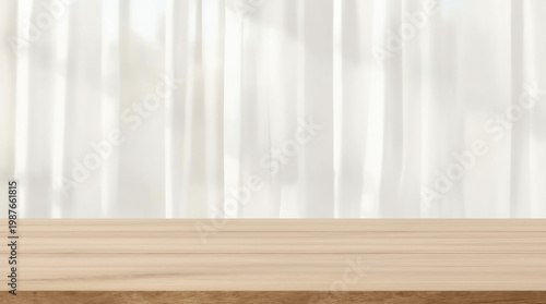 Empty wood table top with window curtain abstract blur background for product display