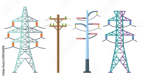 Illustration of various electrical power transmission towers and utility poles