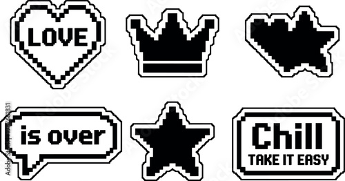 Pixel art love heart is over chill bubble star and crown icons line art