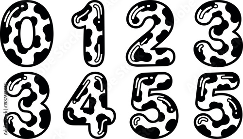 Cow print numbers zero to five black and white vector art
