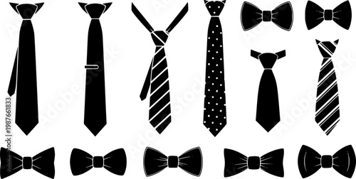 Collection of various neckties and bow ties. 
