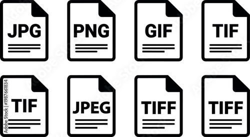 Black and white icons of common image file formats including jpg png gif tif jpeg and tiff