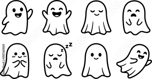 Black and white line art ghost characters with different happy sad sleepy expressions