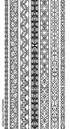 Intricate Black and White Decorative Ironwork Borders for Design
