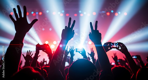 Crowd Cheering at Live Concert with Colorful Stage Lights