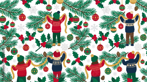 Festive seamless pattern showing children in winter sweaters decorating pine branches, eps vector illustration.
