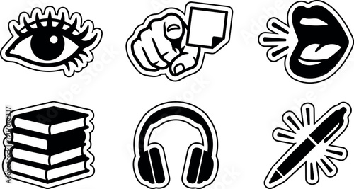 Black and white vector icons of eye hand pointing mouth books headphones and pen