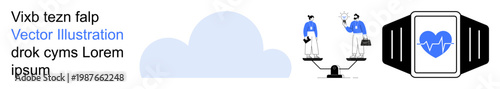 Healthcare, telemedicine, fitness tracking, health tech, decision-making, wellness monitoring. Figures balancing scales, smartwatch with heart icon. Healthcare and telemedicine concept