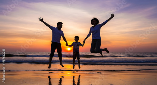 Happy Family Jumping Together on the Beach at Sunset