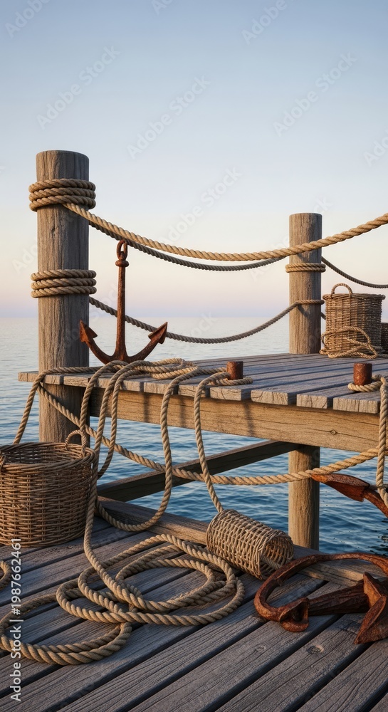 Fototapeta premium Weathered wooden pier features tangled hemp ropes, rusty anchors, and worn wicker baskets overlooking calm blue waves under a soft dawn sky, net, coastline, rope