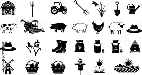 Collection of agricultural icons representing farming, rural life, and rural professions in a stylized black and white design.
