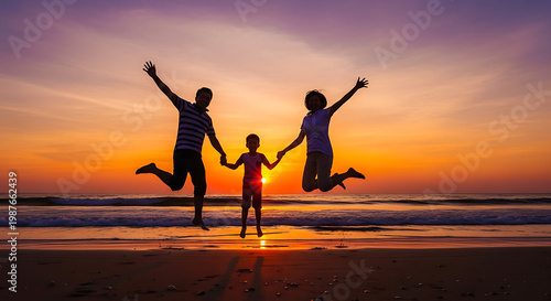 Happy Family Jumping Together on the Beach at Sunset