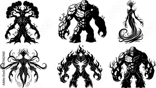 Set of six silhouette illustrations of fantasy tree creatures and golems, representing nature spirits and elemental beings.
