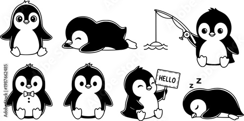 Set of cute cartoon penguins in various poses, black and white illustration.
