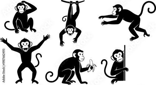 Collection of seven black silhouette monkey icons in various playful poses, isolated on a white background.
