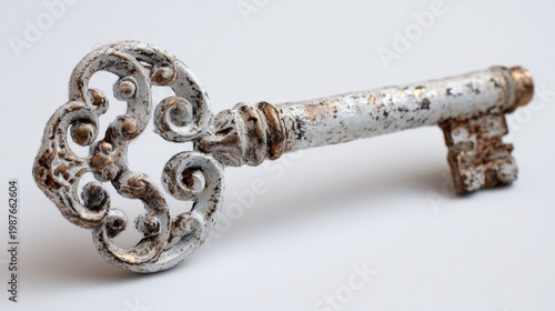 A close-up shot of an antique white-back key, highlighting its intricate design and weathered finish, set against a clean white background to bring out its timeless qualities