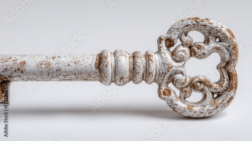 A close-up shot of an antique white-back key, highlighting its intricate design and weathered finish, set against a clean white background to bring out its timeless qualities
