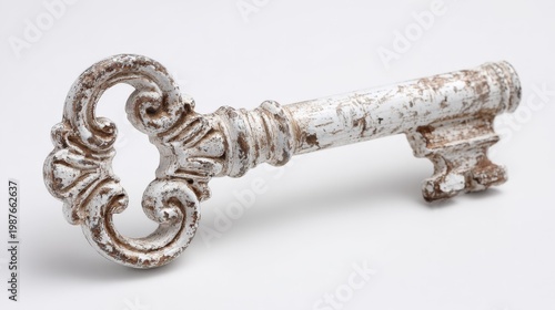 A close-up shot of an antique white-back key, highlighting its intricate design and weathered finish, set against a clean white background to bring out its timeless qualities