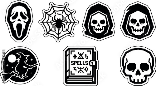 Black and white skulls witch spider web and spells book vector icons