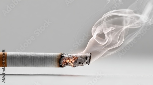 A close-up view of a cigarette on a white background, with the glowing tip and the soft stream of smoke adding a dynamic contrast to the simplicity of the setting