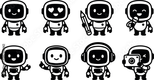Black and white kawaii robot icons with pencil microphone camera and headphones