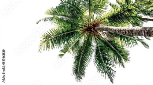 A coconut tree against a stark white background, the leaves of the tree gently arching to create an inviting tropical scene