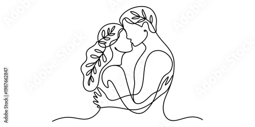 A beautiful continuous line drawing of a loving couple embracing and sharing a tender moment now.